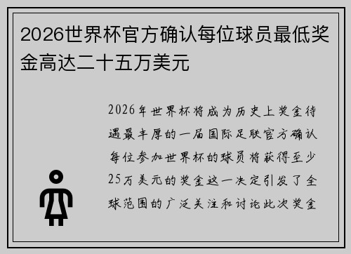 2026世界杯官方确认每位球员最低奖金高达二十五万美元 2026世界杯官方确认每位球员最低奖金高达二十五万美元