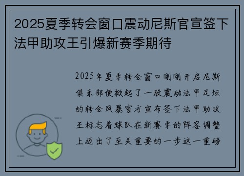 2025夏季转会窗口震动尼斯官宣签下法甲助攻王引爆新赛季期待 2025夏季转会窗口震动尼斯官宣签下法甲助攻王引爆新赛季期待
